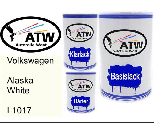 Volkswagen, Alaska White, L1017: 500ml Lackdose + 500ml Klarlack + 250ml Härter - Set, von ATW Autoteile West.